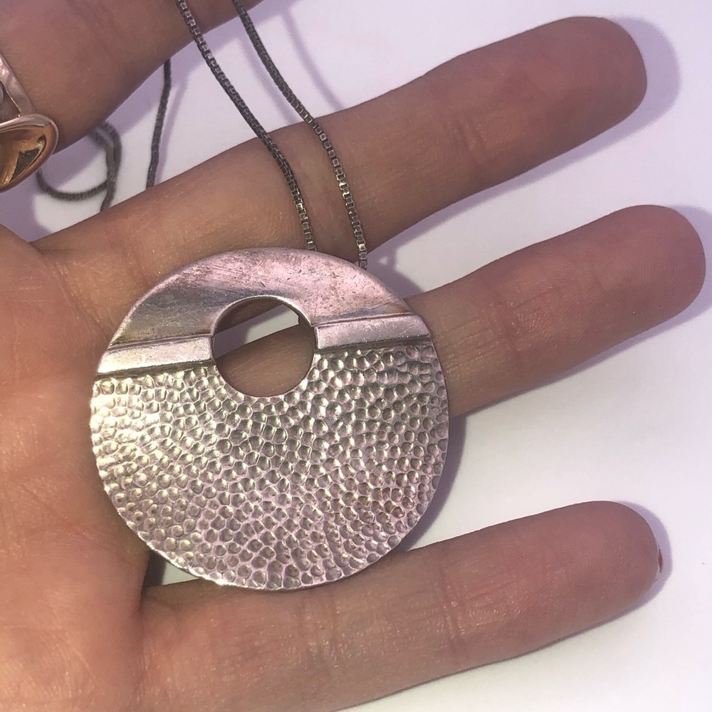 Vtg 925 Sterling Modernist Circle Pendant & Boxlink Chain 21” & 1.5” / 19.5g - Picture 5 of 10
